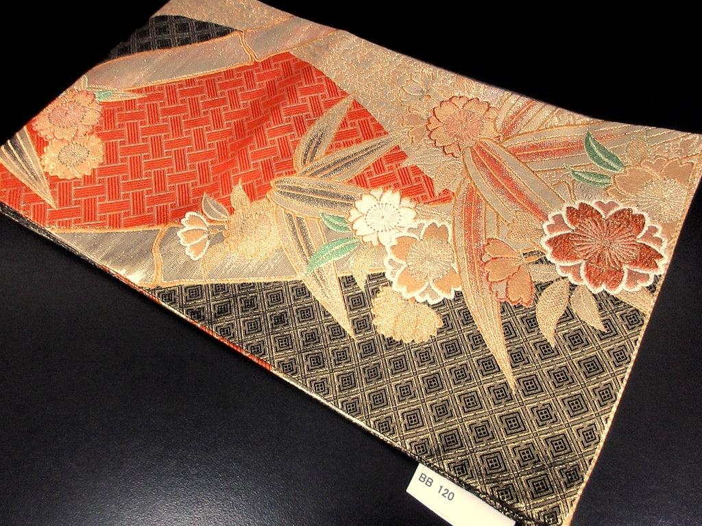 Fukuro Obi Gold Black Bamboo leaf Silk BB120W8