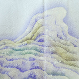 Kimono Light Blueish White Landscape Wave Silk #9364F5