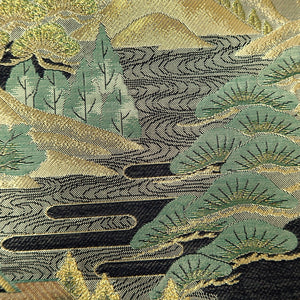 Fukuro Obi Gold Green Landscape Zen Temple Silk BB232V3