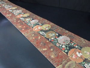 Fukuro Obi Brown Gold Flower Crane Birds Ryusui Silk BB140W9