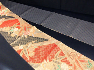 Fukuro Obi Gold Black Bamboo leaf Silk BB120W8