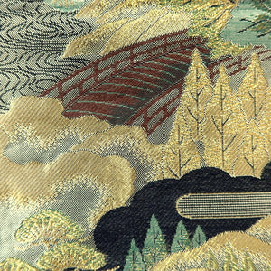 Fukuro Obi Gold Green Landscape Zen Temple Silk BB232V3