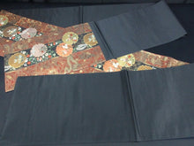 Load image into Gallery viewer, Fukuro Obi Brown Gold Flower Crane Birds Ryusui Silk BB140W9

