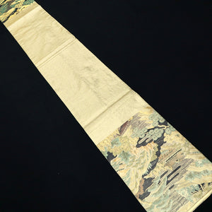 Fukuro Obi Gold Green Landscape Zen Temple Silk BB232V3