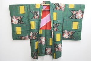 Haori Jacket Vintage(1920-1950) Green Leaf Grape Silk #8639H3