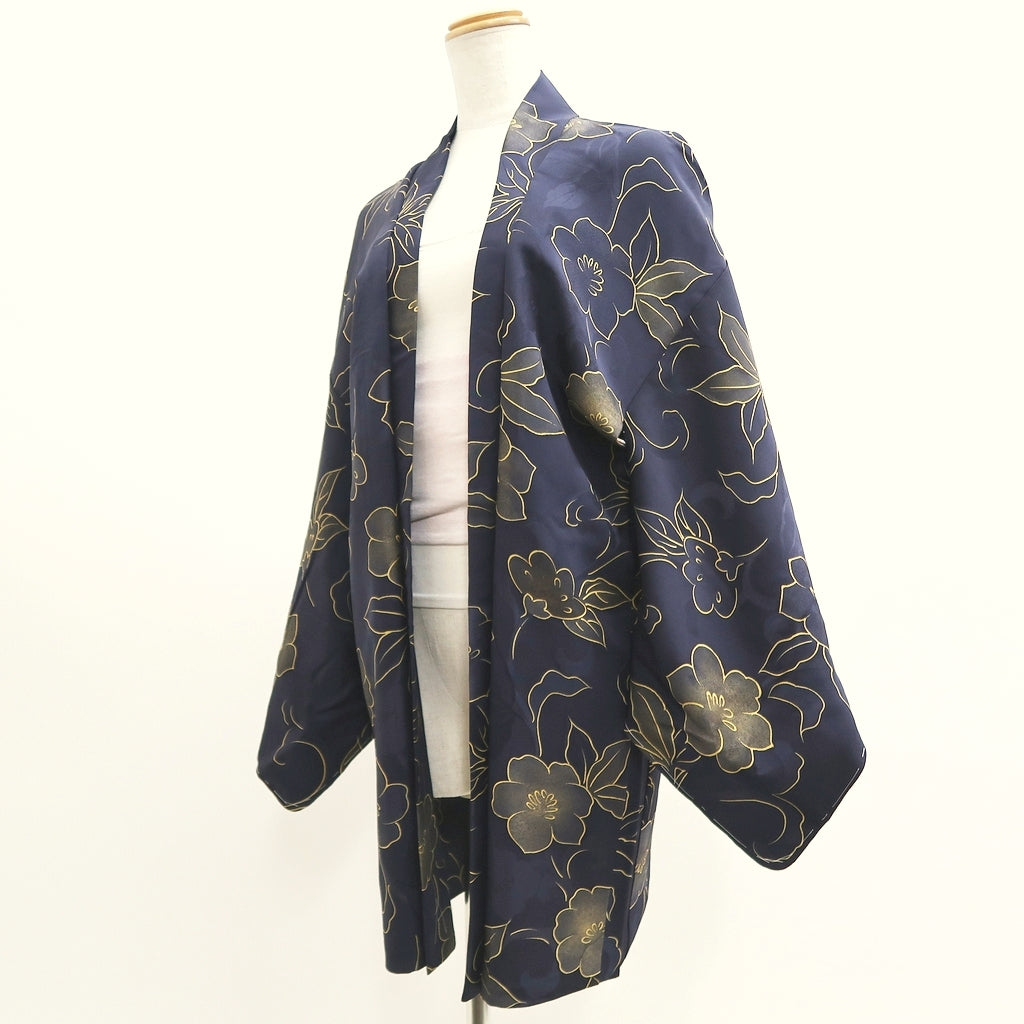 Haori Jacket Vintage(1950-1980) Midnight blue Flower Silk #9444G3