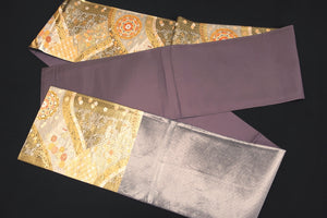 Fukuro Obi Gold Silver Chrysanthemum Maple Leaf Silk BB155W1