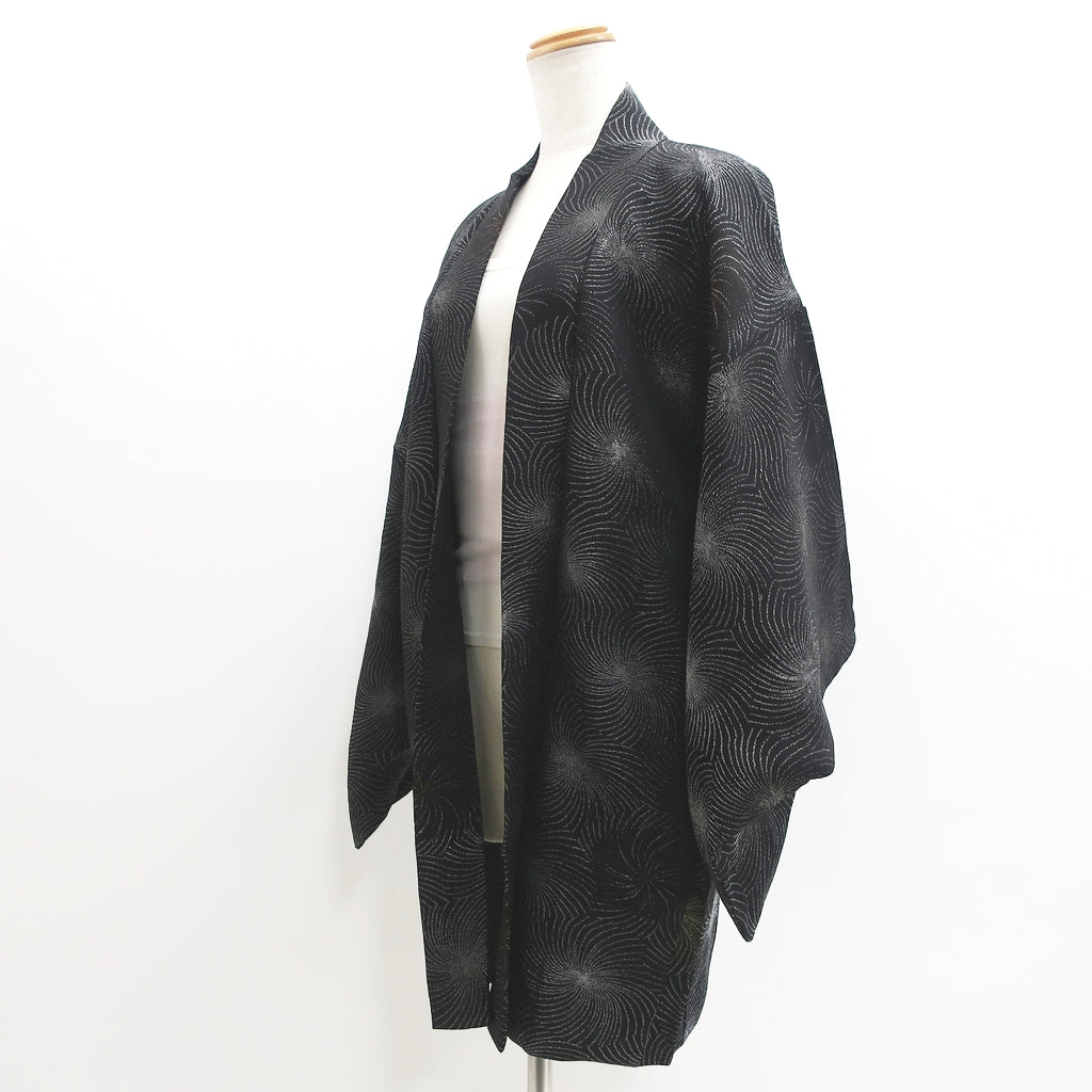 Haori Jacket Vintage(1950-1980) Black Silver Gold Chrysanthemum Silk #9224E2