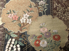 Load image into Gallery viewer, Fukuro Obi Brown Gold Flower Crane Birds Ryusui Silk BB140W9
