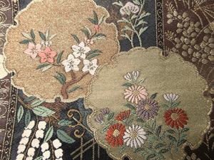 Fukuro Obi Brown Gold Flower Crane Birds Ryusui Silk BB140W9
