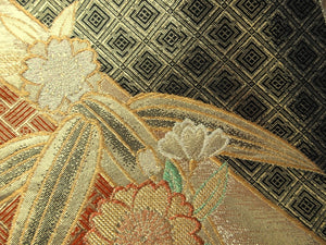 Fukuro Obi Gold Black Bamboo leaf Silk BB120W8
