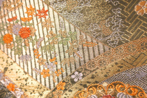 Fukuro Obi Gold Silver Chrysanthemum Maple Leaf Silk BB155W1