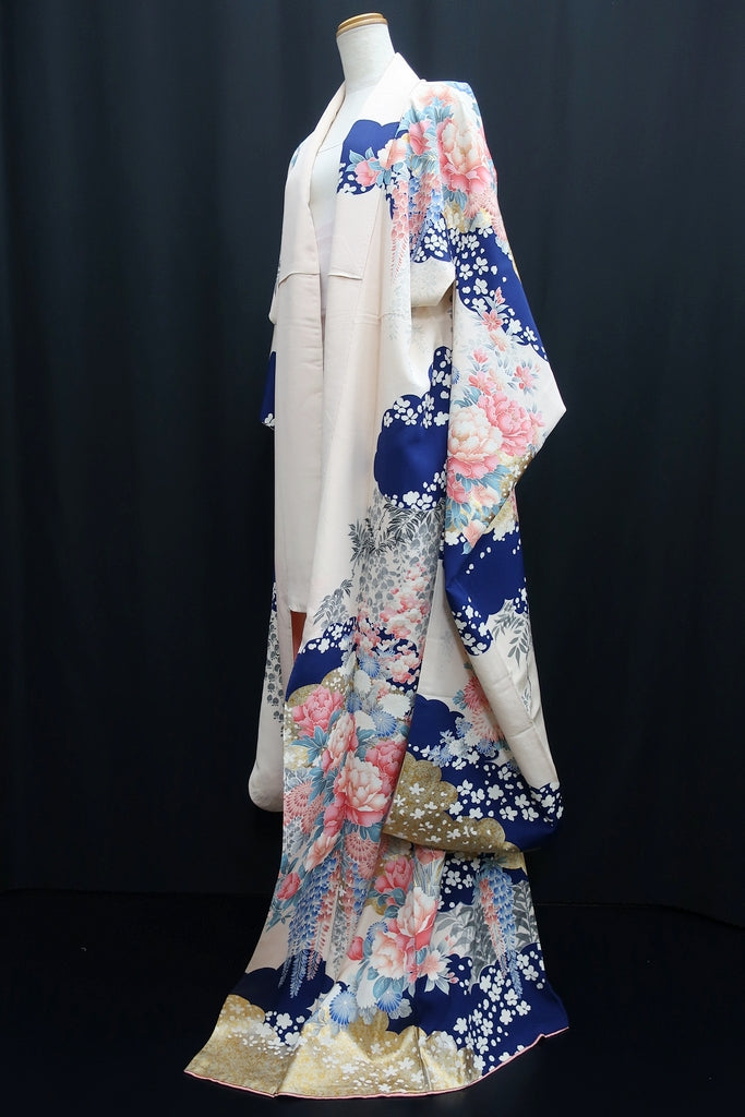 Furisode Light pinkish white Blue Gold Wisteria Cherry Blossom Tall Silk  #8680H5