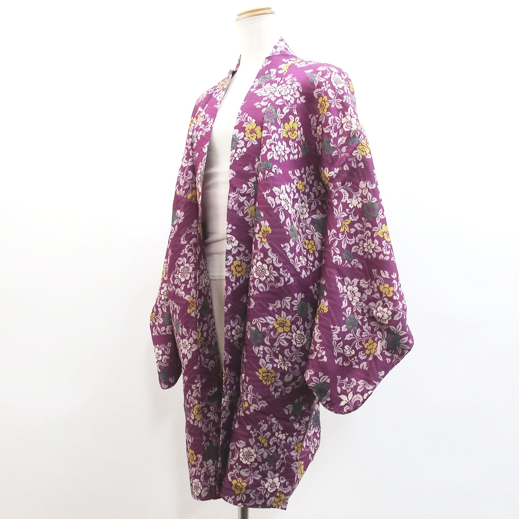Haori Jacket Vintage(1920-1950) Purple Peony Rinzu Long Silk #9081D2