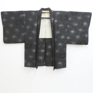 Haori Jacket Vintage(1950-1980) Black Silver Gold Chrysanthemum Silk #9224E2