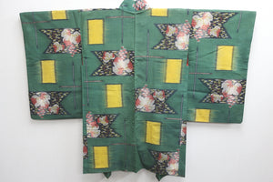 Haori Jacket Vintage(1920-1950) Green Leaf Grape Silk #8639H3