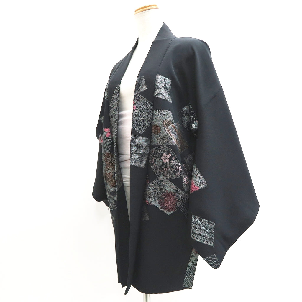 Haori Jacket Vintage(1950-1980) Black Plum blossom Chrysanthemum Silk #9576H3