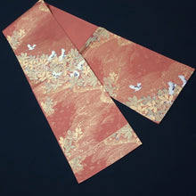 Load image into Gallery viewer, Fukuro Obi Vintage(1950-1980) Gold Rosybrown Crane Birds Pine Tree Silk BB194V2
