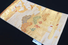 Load image into Gallery viewer, Fukuro Obi Gold Crane Birds Wisteria Pine Tree Silk BB156W1
