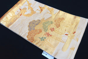 Fukuro Obi Gold Crane Birds Wisteria Pine Tree Silk BB156W1