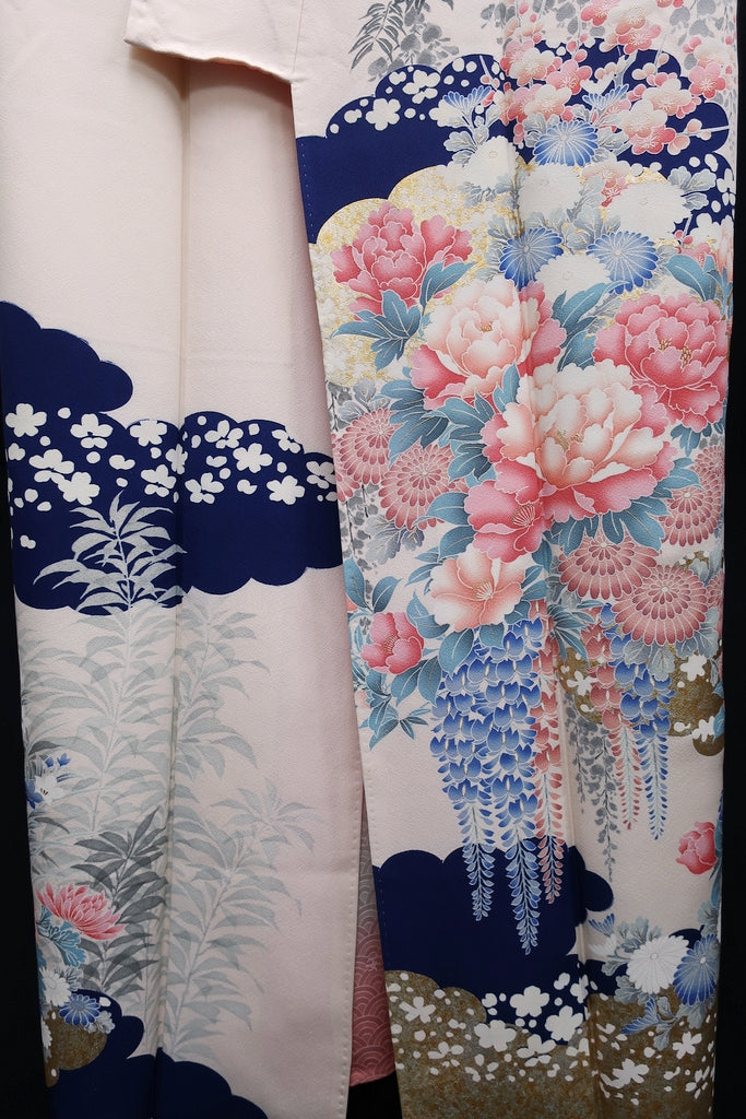 Furisode Light pinkish white Blue Gold Wisteria Cherry Blossom Tall Silk  #8680H5