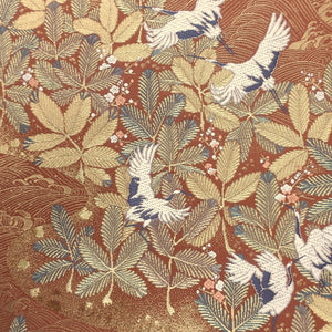 Fukuro Obi Vintage(1950-1980) Gold Rosybrown Crane Birds Pine Tree Silk BB194V2