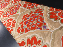 Load image into Gallery viewer, BB8260AB Silk Obi Fabric Vintage(1950-1980) Flower Gold Red 58.3x11.8in(148x30cm)
