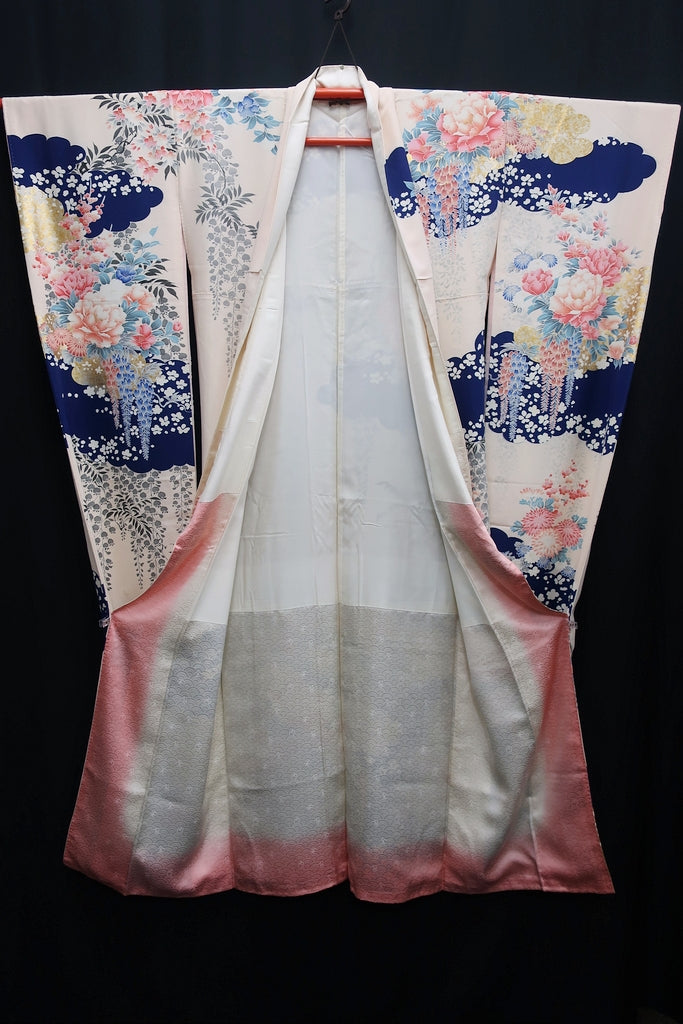 Furisode Light pinkish white Blue Gold Wisteria Cherry Blossom Tall Silk  #8680H5