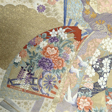 Load image into Gallery viewer, Fukuro Obi Gold Crane Birds Folding Fan Silk BB219V3
