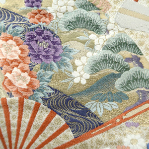 Fukuro Obi Gold Crane Birds Folding Fan Silk BB219V3