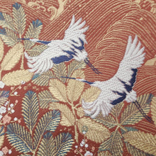 Load image into Gallery viewer, Fukuro Obi Vintage(1950-1980) Gold Rosybrown Crane Birds Pine Tree Silk BB194V2

