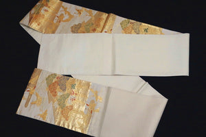Fukuro Obi Gold Crane Birds Wisteria Pine Tree Silk BB156W1