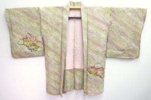 Haori Jacket Vintage(1950-1980) Light Green Pink Full Shibori Peony Silk #8337C4
