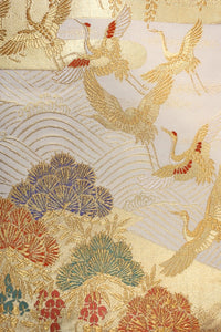 Fukuro Obi Gold Crane Birds Wisteria Pine Tree Silk BB156W1