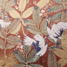 Load image into Gallery viewer, Fukuro Obi Vintage(1950-1980) Gold Rosybrown Crane Birds Pine Tree Silk BB194V2
