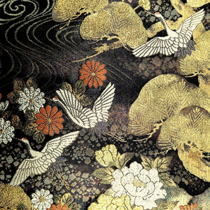 Fukuro Obi Black Gold Crane Birds Plum blossom Rinpa Silk BB234V4