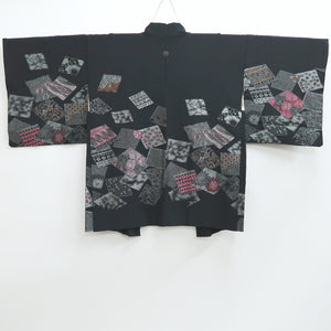 Haori Jacket Vintage(1950-1980) Black Plum blossom Chrysanthemum Silk #9576H3