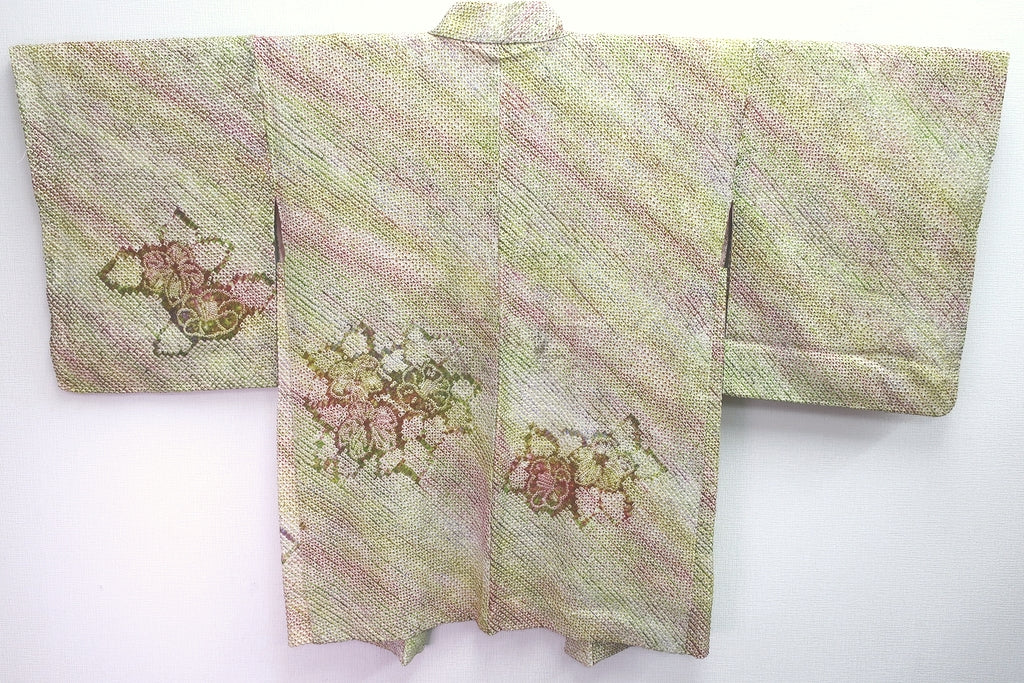 Haori Jacket Vintage(1950-1980) Light Green Pink Full Shibori Peony Silk #8337C4