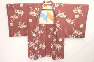 Haori Jacket Vintage(1920-1950) Brown Plum blossom Maple Leaf Kinsha Silk #8299C2