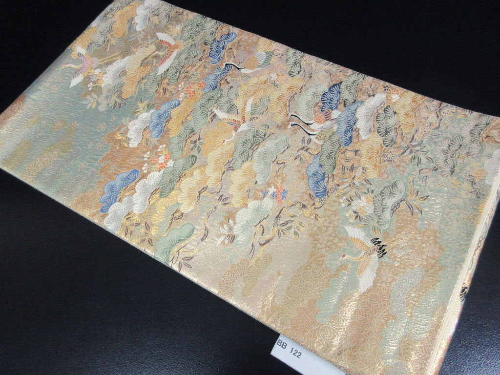 Fukuro Obi Gold Green Crane Birds Silk BB122W8
