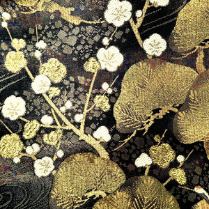 Fukuro Obi Black Gold Crane Birds Plum blossom Rinpa Silk BB234V4