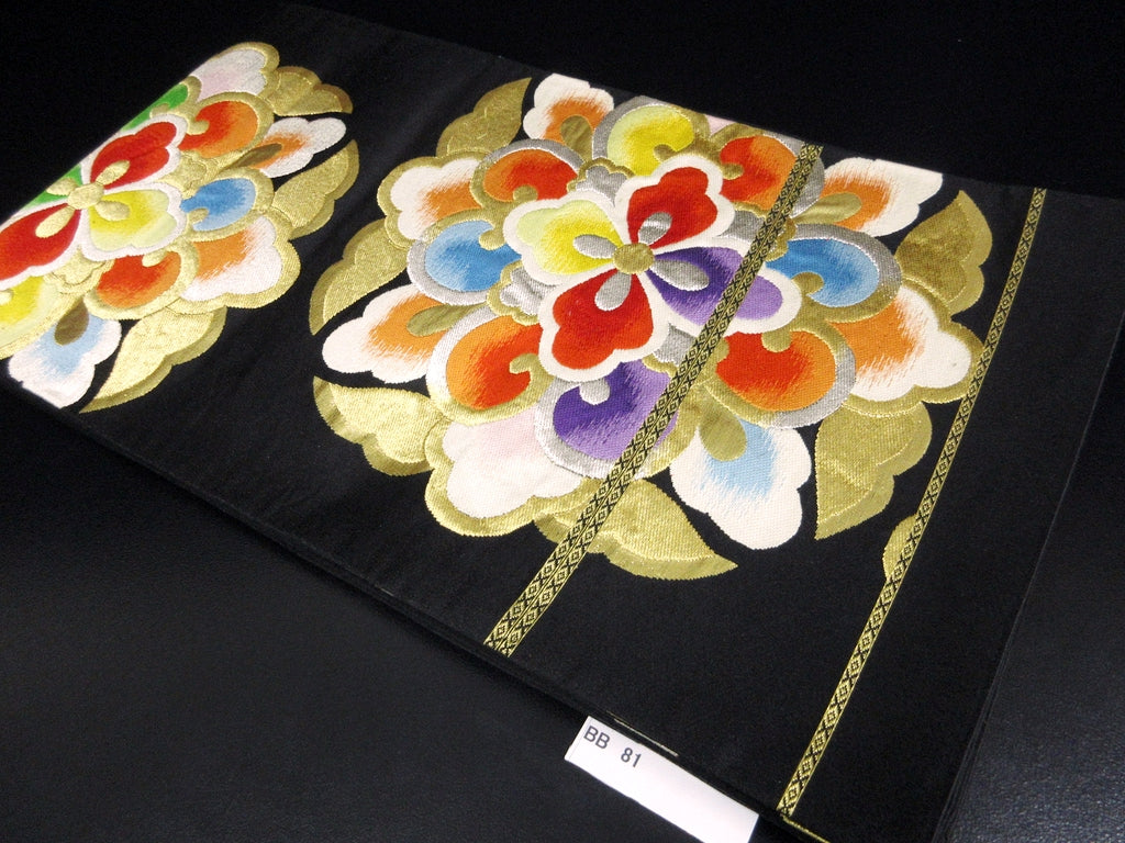 Fukuro Obi Vintage(1950-1980) Black Gold Flower Silk BB81W5