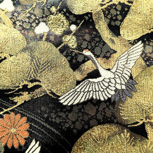 Fukuro Obi Black Gold Crane Birds Plum blossom Rinpa Silk BB234V4