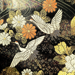 Fukuro Obi Black Gold Crane Birds Plum blossom Rinpa Silk BB234V4