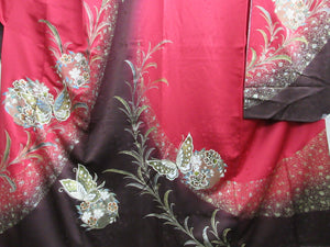 Furisode Red Butterfly Peony Tall Silk #7783K4