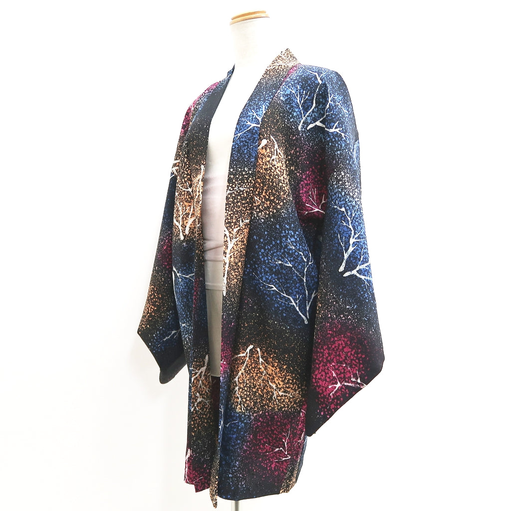 Haori Jacket Vintage(1950-1980) Black Blue Pink Tree Silk #9446G3