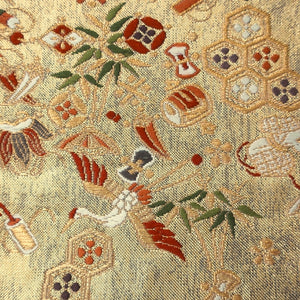 Fukuro Obi Vintage(1950-1980) Gold Crane Birds Bamboo leaf Silk BB195V2