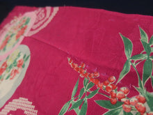Load image into Gallery viewer, MKF#231 Silk Kimono Fabric Vintage(1920-1950) Flower Rinzu Red 55.1x12.6in(140x32cm)
