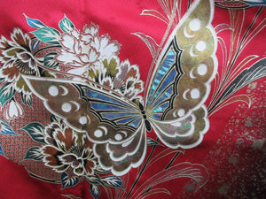 Furisode Red Butterfly Peony Tall Silk #7783K4