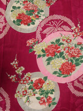 Load image into Gallery viewer, MKF#231 Silk Kimono Fabric Vintage(1920-1950) Flower Rinzu Red 55.1x12.6in(140x32cm)
